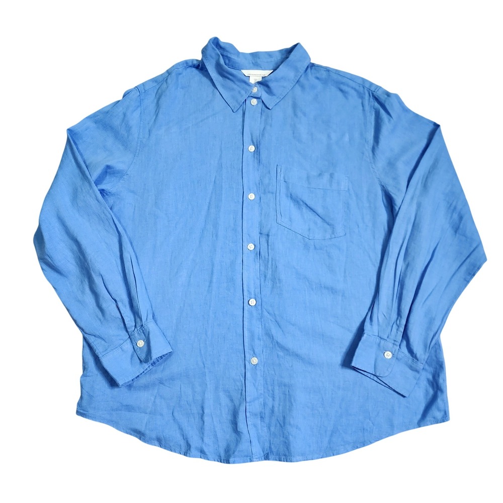 H&M Linen Blend Button Down Shirt Mens Large Blue Long Sleeve Chest Pocket L